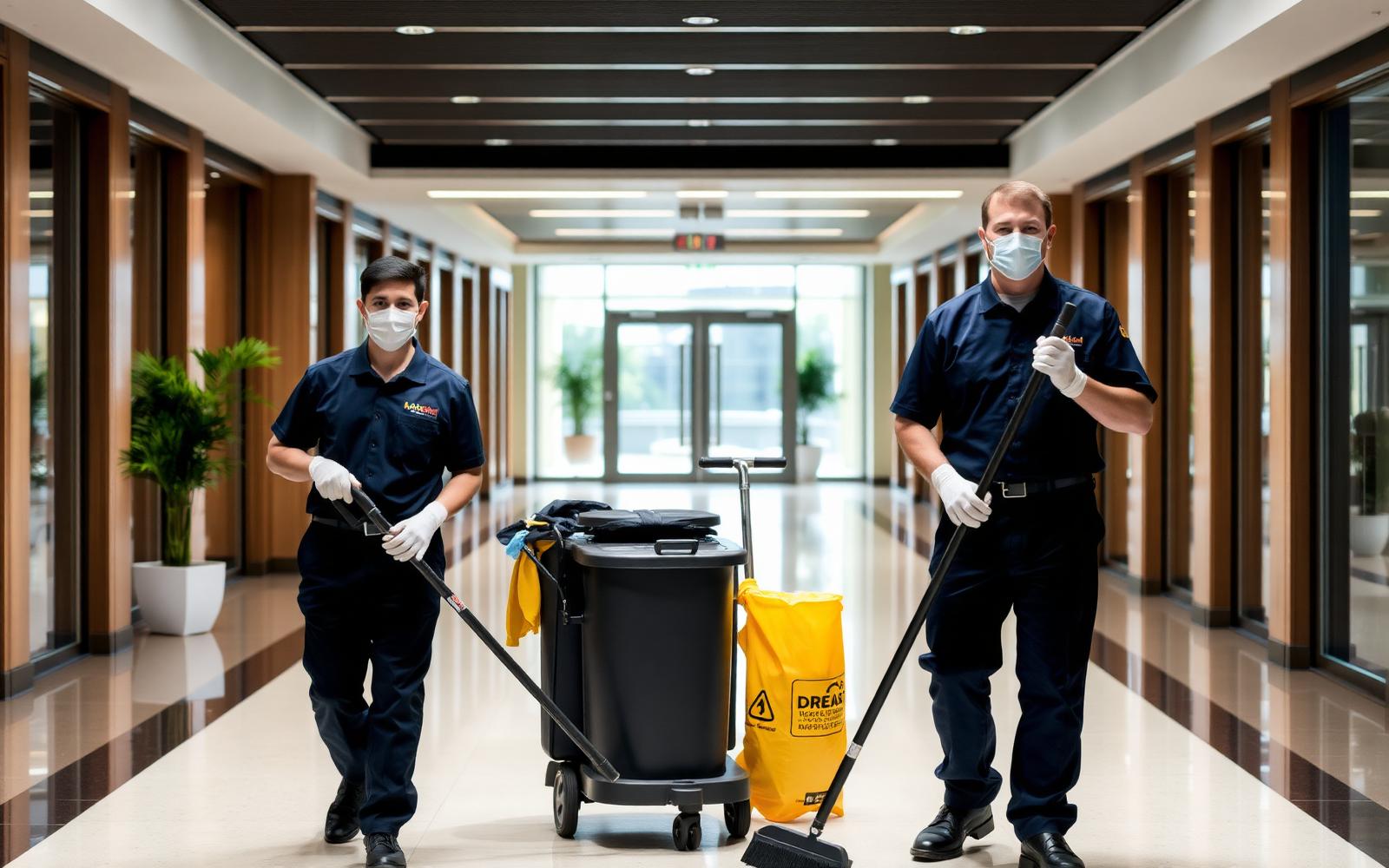 Equipe especializada de limpeza uniformizada atuando no hall de um edifício em Santa Catarina