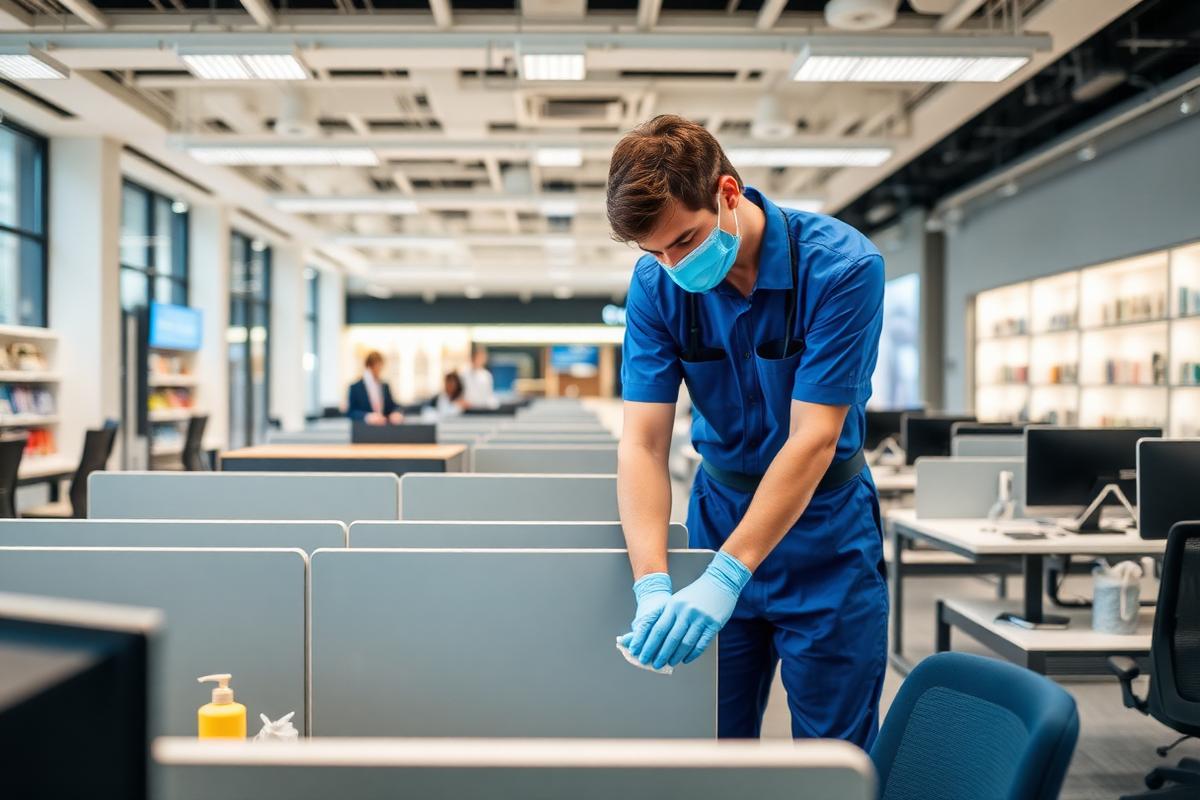 Profissional higienizando estações de trabalho em escritório corporativo moderno
