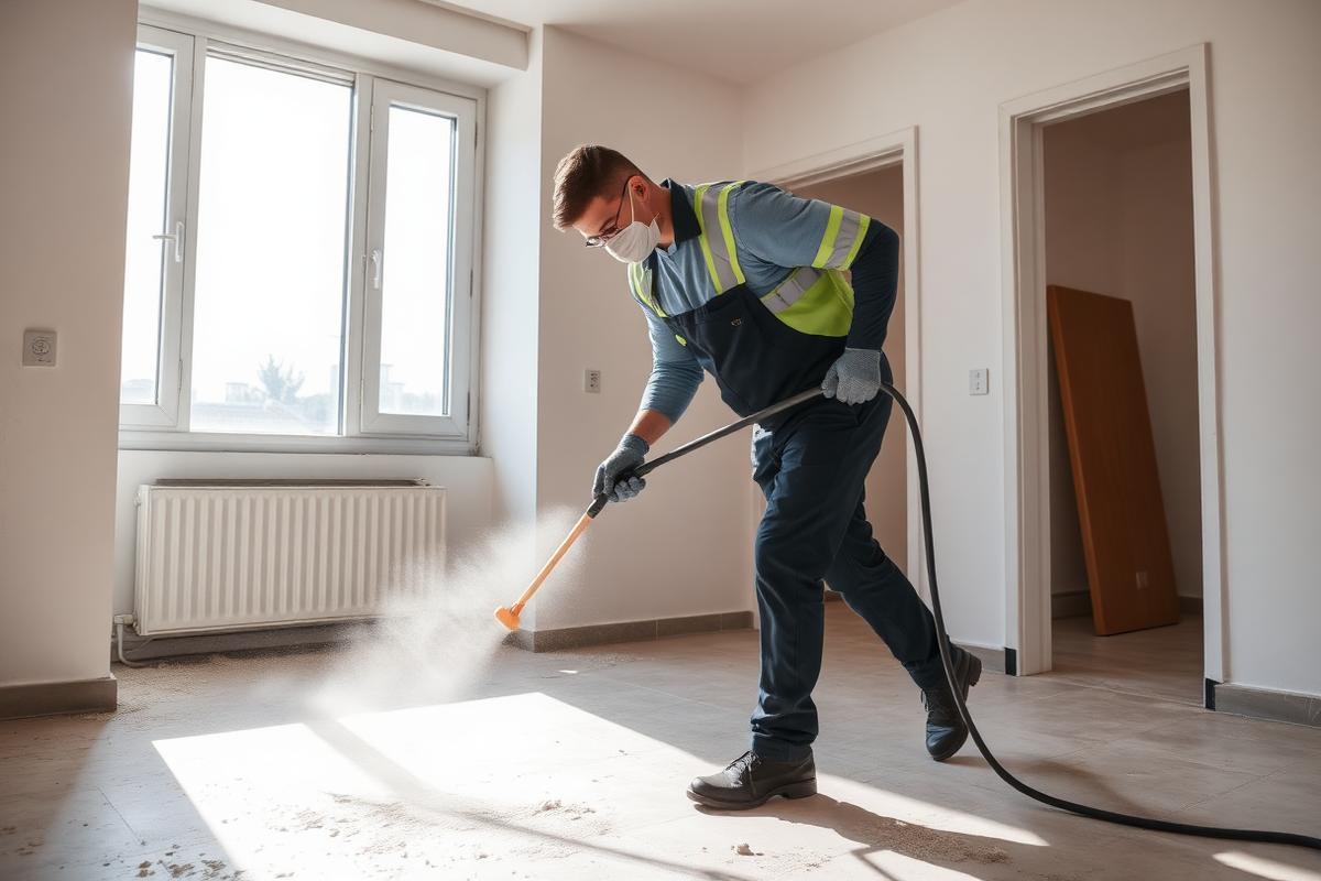 Profissional de limpeza removendo poeira fina do piso de apartamento recém-construído